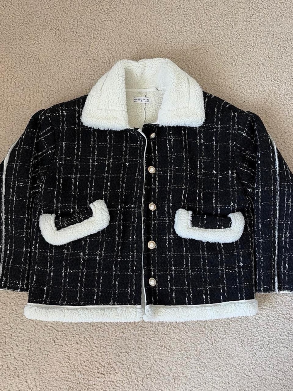 Black & White Sherpa-Trim Tweed Kids Jacket